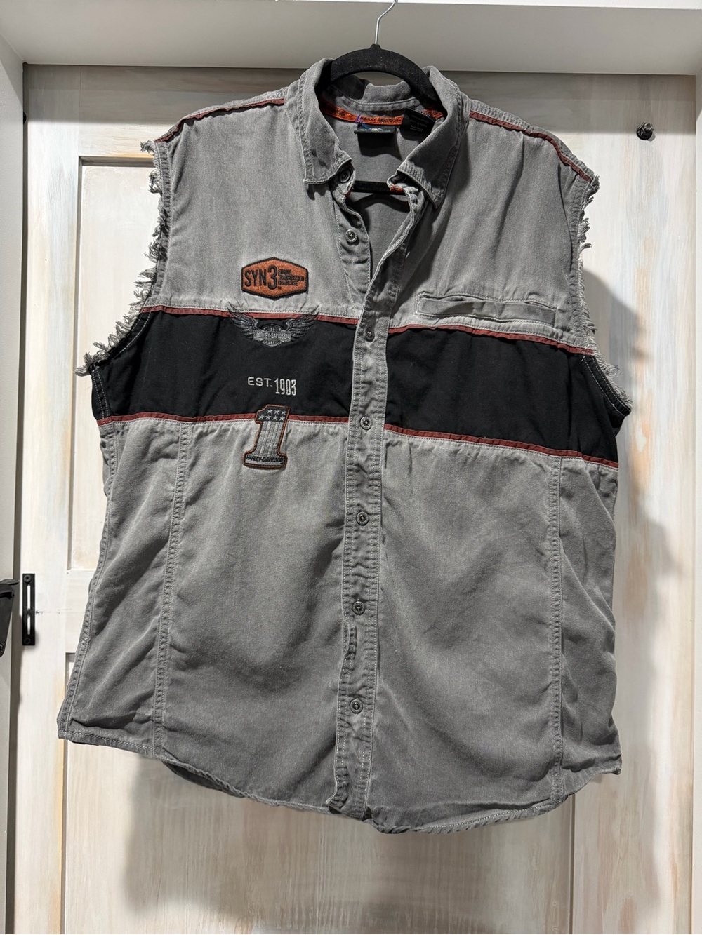 Harley-Davidson Gray and Black Sleeveless Button-Front Vest with Red Trim
